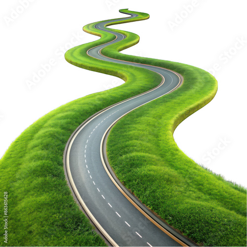 A green winding country road isolated on transparent background photo