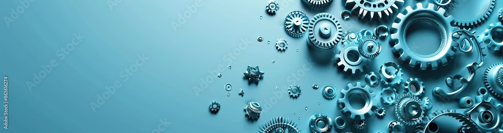 Industrial Style Banner Design with Small Mechanical Product Elements in the Left Bottom Corner on Solid Light Blue Background. Simple and Clear with Large Blank Right Side. Industrial Style Banner Design with Small Mechanical Product Elements in the Left Bottom Corner on Solid Light Blue Background. Simple and Clear with Large Blank Right Side.