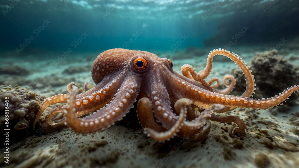underwater shot of an octopus swimming slowly near the ocean floor. The light brown and grey hues of its body contrast softly with the sandy and slightly muddy seabed underwater shot of an octopus swimming slowly near the ocean floor. The light brown and grey hues of its body contrast softly with the sandy and slightly muddy seabed
