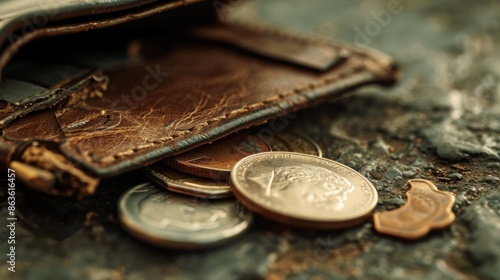A worn-out wallet lies open, revealing a mere few coins, highlighting the lack of financial resource photo