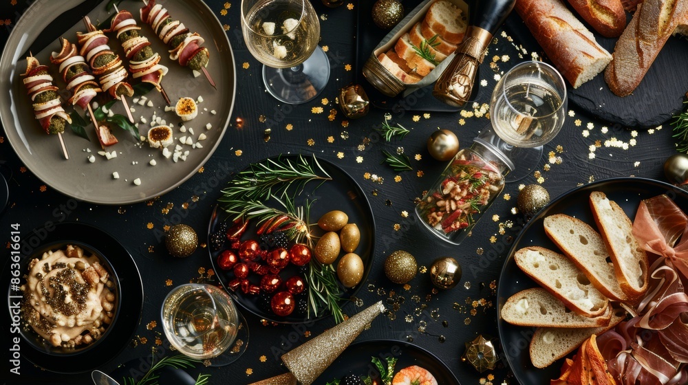 Sparkling New Year's Eve Feast Festive Table Setting with Glittering Decor and Delicious Appetizers TopDown View for Anonymous Celebration Sparkling New Year's Eve Feast Festive Table Setting with Glittering Decor and Delicious Appetizers TopDown View for Anonymous Celebration