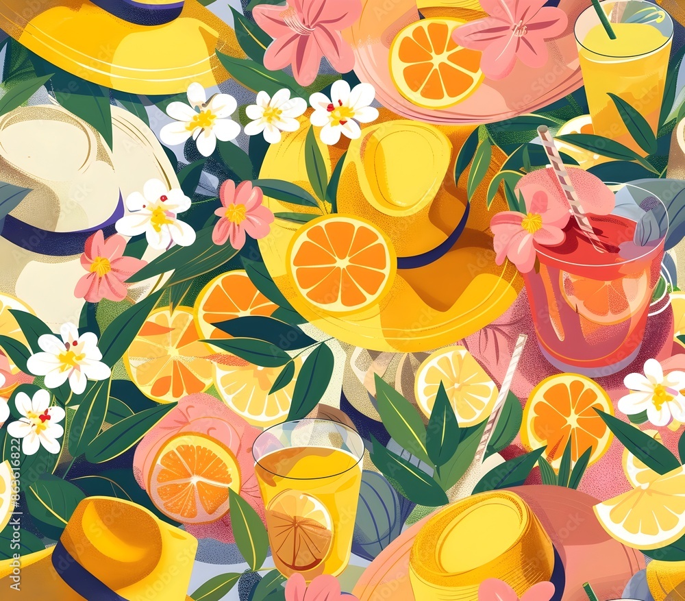 Fototapeta premium Vibrant Summer Pattern of Colorful Sun Hats and Refreshing Lemonade Drinks in Lush Garden Oasis
