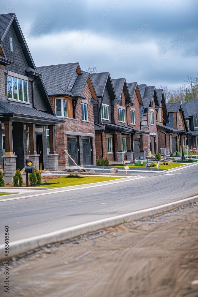 A row of houses are lined up on a street with a dirt road in between. The houses are all different sizes and styles, but they all have a similar appearance A row of houses are lined up on a street with a dirt road in between. The houses are all different sizes and styles, but they all have a similar appearance