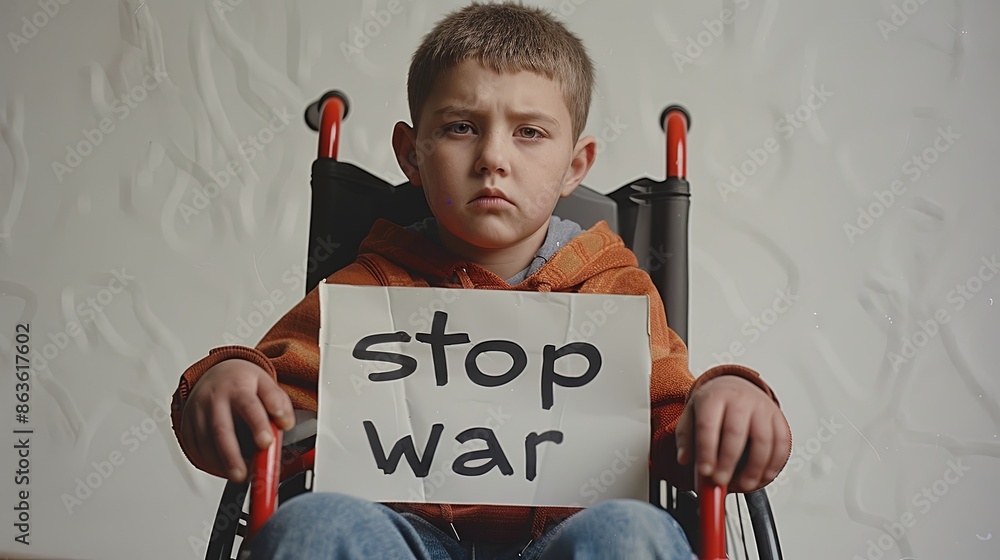 Foto de boy, child holding a poster, cardboard with the inscription ...