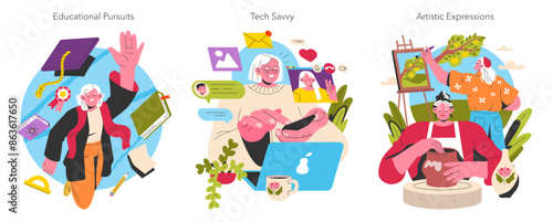 Empowering Older Women. Flat Vector Illustration