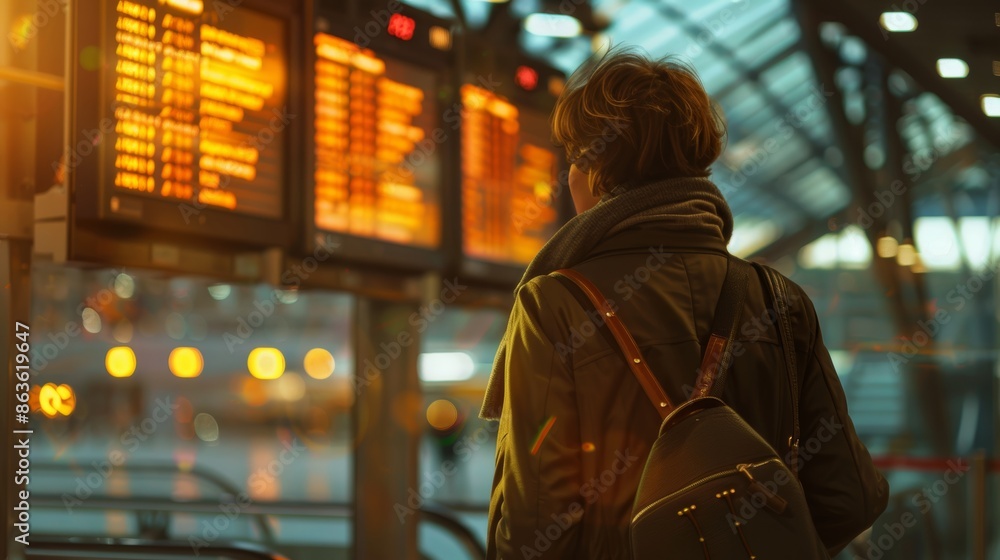 Fototapeta premium Jetsetter's Journey Traveler in Coat and Handbag Gazes at Flight Board Reflecting Anticipation and Adventure