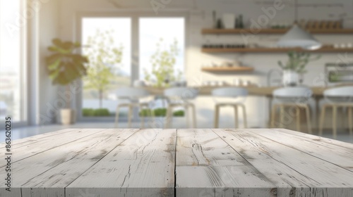 White wooden table and blurred dining room