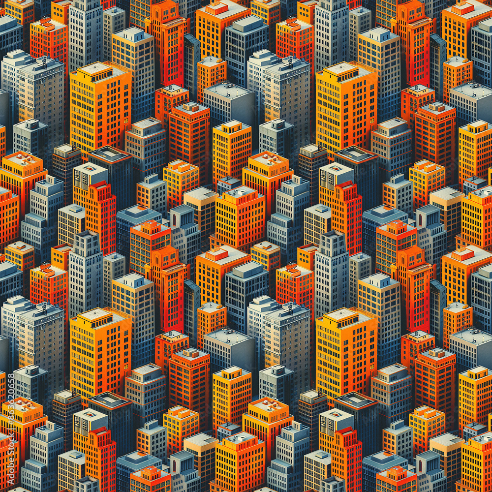 Fototapeta premium Seamless Vertical isometric urban city illustration pattern, graphic, wallpaper, Cityscape drawing, Cityscape graphic design