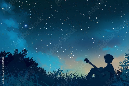 Playing a melodious tune on a guitar under the vast starry expanse, cozy vibe, Generative AI