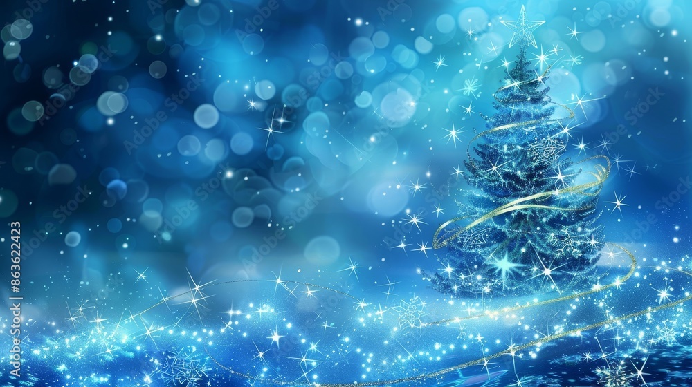 Blue Christmas Tree with Sparkling Stars and Bokeh Background Blue Christmas Tree with Sparkling Stars and Bokeh Background