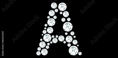 Silver Rhinestone Diamonds Alphabet Letter A Luxury Text Design Vector Illustration, Capital Diamonds Letter A On Black Background.	