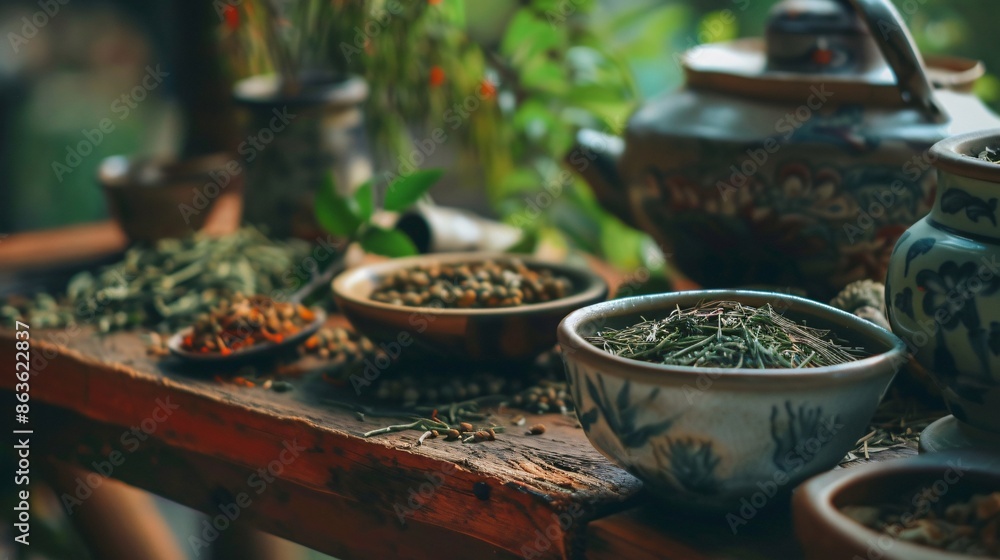 Assortment of Dried Herbs in Ceramic Bowls on Wooden Table Assortment of Dried Herbs in Ceramic Bowls on Wooden Table