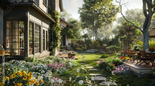 Enchanting Garden Oasis Dream Home for Aspiring Homeowners Lush Greenery Blooming Flowers and Serene Outdoor Space © laliz
