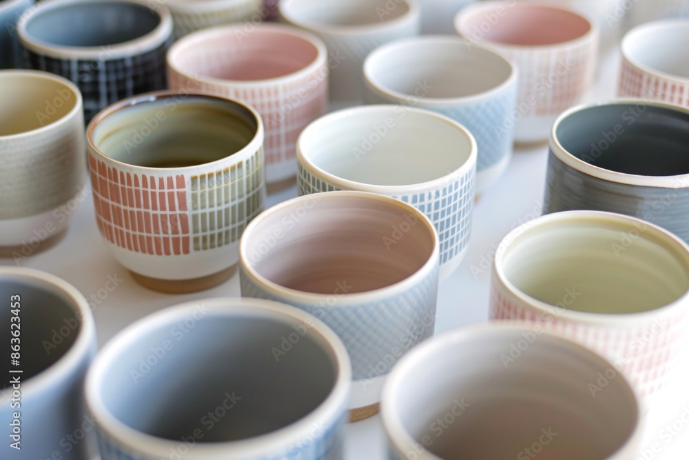 Ceramic Cups With Geometric Designs In A Row On A White Surface Ceramic Cups With Geometric Designs In A Row On A White Surface