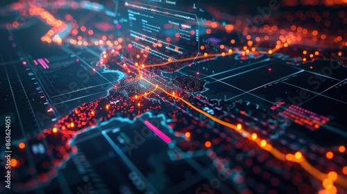 Wallpaper Mural A high-tech digital map showcasing glowing data points and network connections, representing advanced technology and data visualization. Torontodigital.ca