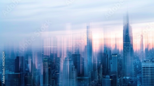 Abstract blur of a city skyline at dusk, dominated by gray-blue hues of skyscrapers against a fading sky