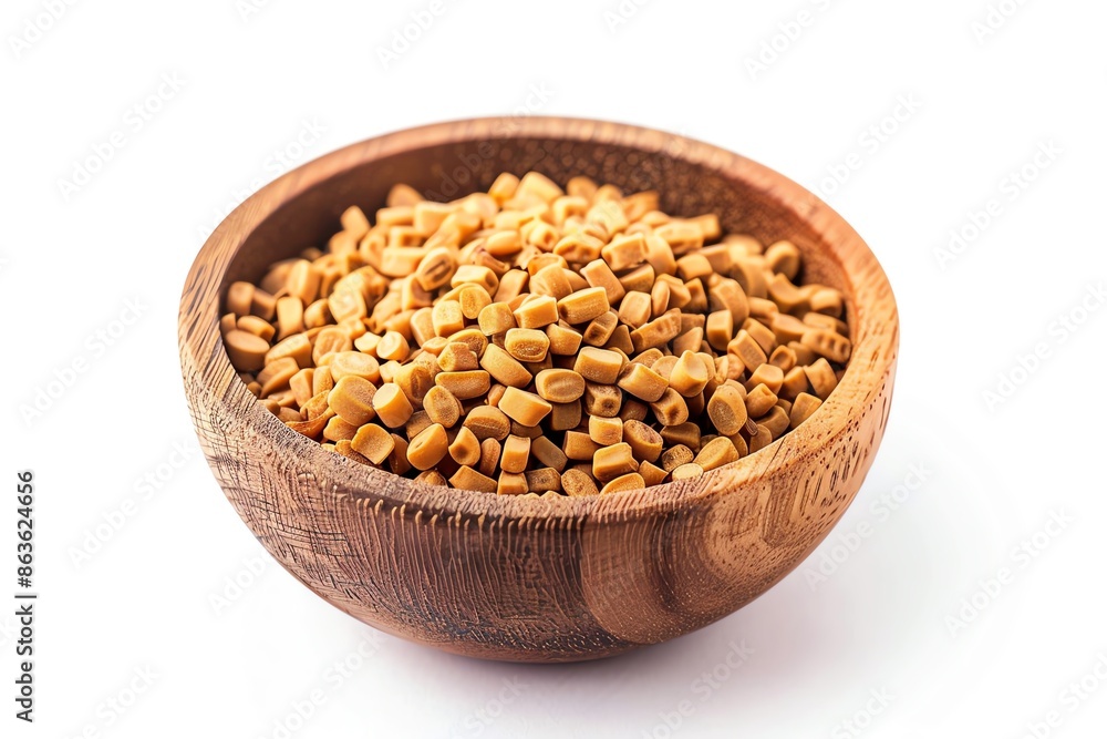 A wooden bowl filled with dried fenugreek seeds, isolated on a white background. Ideal for cooking and herbal remedies. A wooden bowl filled with dried fenugreek seeds, isolated on a white background. Ideal for cooking and herbal remedies.