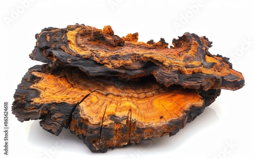 Close-up of a raw chaga mushroom on a white background, showcasing its unique texture and vibrant colors.