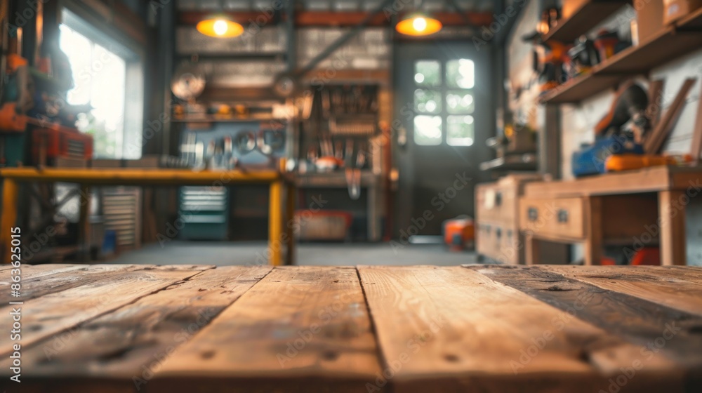 Abstract blur of a sturdy wooden workbench with tools against a blurred view of a workshop-turned-living room with industrial decor Abstract blur of a sturdy wooden workbench with tools against a blurred view of a workshop-turned-living room with industrial decor