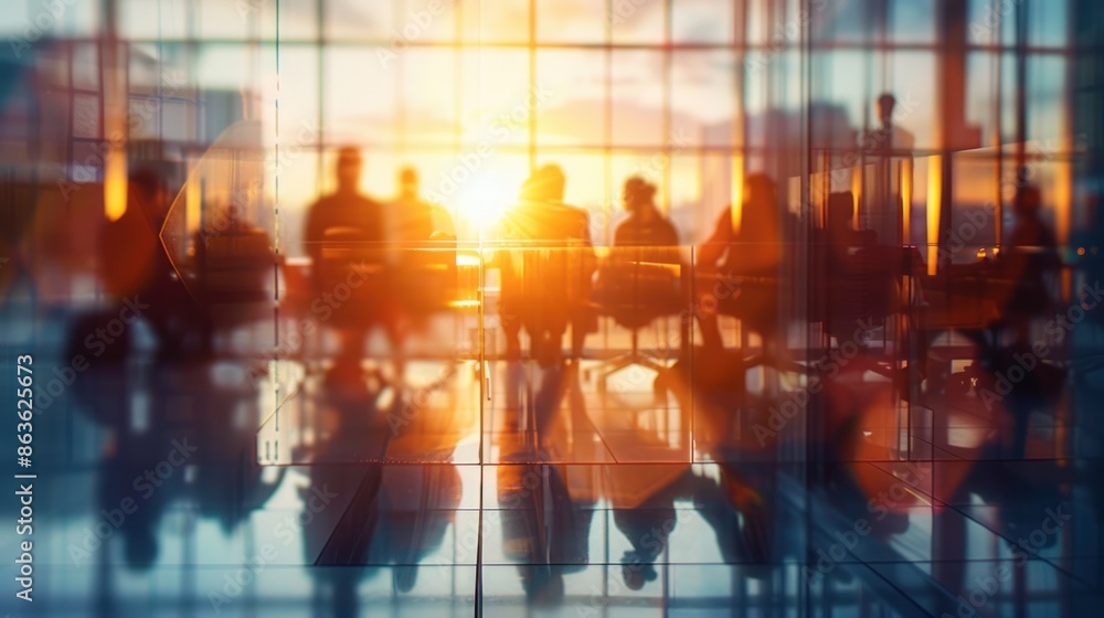 Abstract blur of a meeting room with business professionals in silhouette against sunlit glass walls Abstract blur of a meeting room with business professionals in silhouette against sunlit glass walls