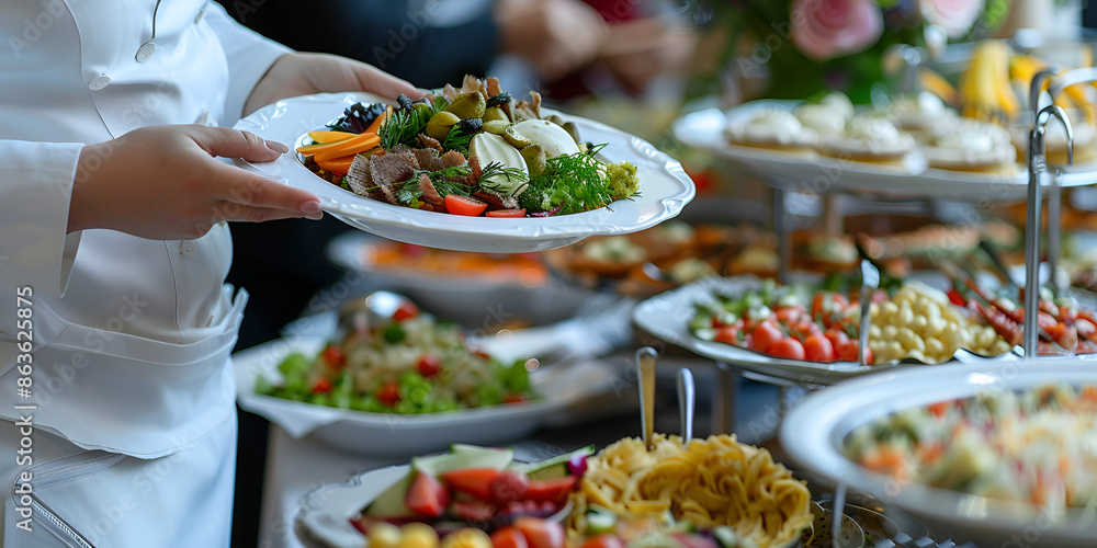 Obraz premium Catering Staff Serving Fresh Food From Buffet Table