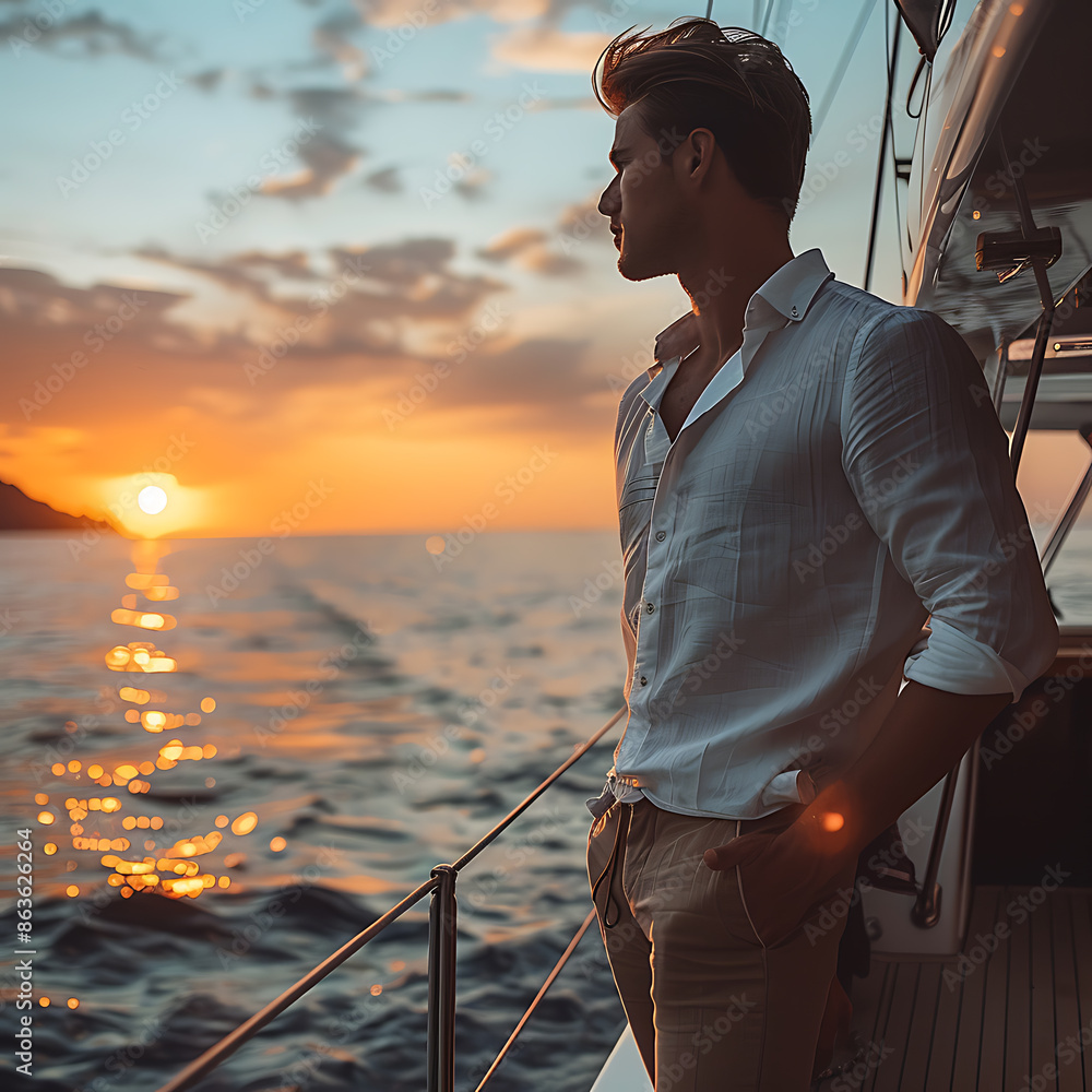 Young handsome man standing on the deck of a luxury yacht at sunset Young handsome man standing on the deck of a luxury yacht at sunset