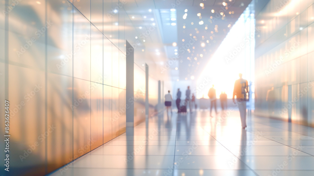 An abstract background of a museum hallway with soft-focus lights illuminating exhibits and visitors strolling An abstract background of a museum hallway with soft-focus lights illuminating exhibits and visitors strolling