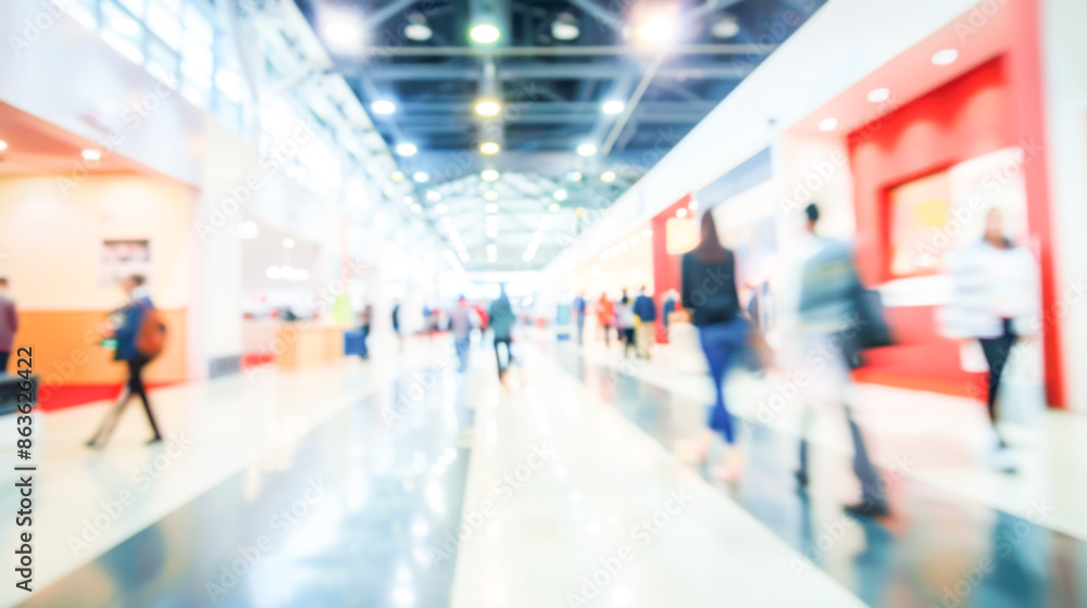 A blurred image of a convention center walkway with booth displays and attendees navigating the space