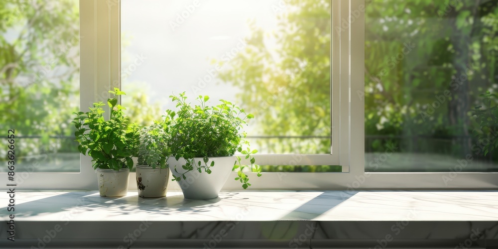 Three potted plants on a windowsill Three potted plants on a windowsill