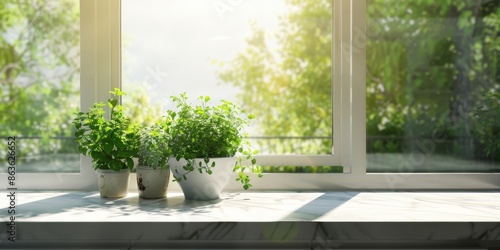 Three potted plants on a windowsill