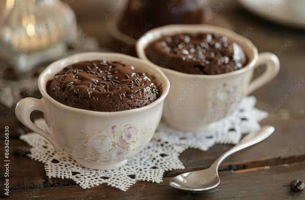 Delicious Chocolate Mug Cake With Sprinkles on a Wooden Table Delicious Chocolate Mug Cake With Sprinkles on a Wooden Table