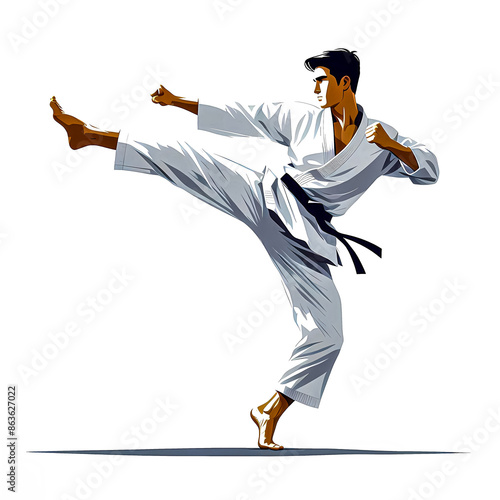 Vector illustration of taekwondo athlete performing skill moves on white background. photo