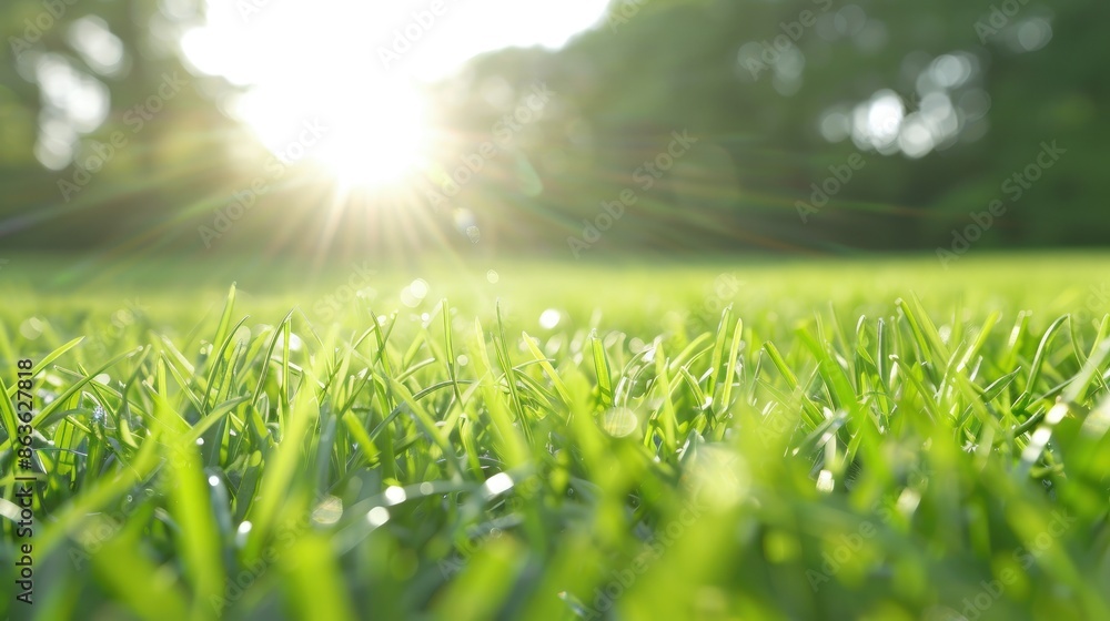 Lush Green Lawn Bathed in Sunlight from Low Angle Perspective Lush Green Lawn Bathed in Sunlight from Low Angle Perspective