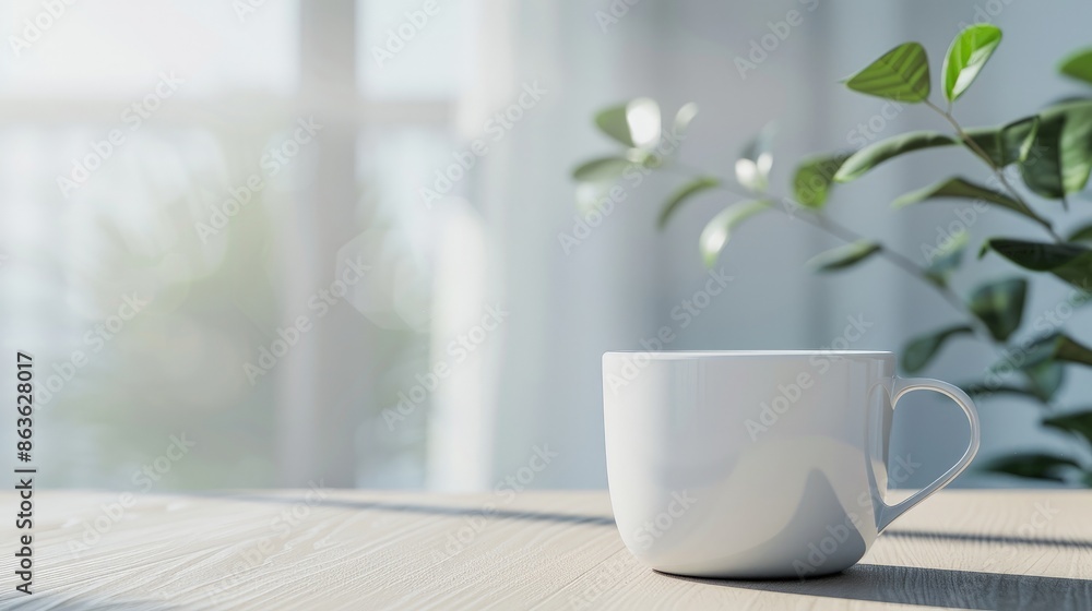 Serene Morning with White Coffee Cup on Wooden Table Serene Morning with White Coffee Cup on Wooden Table