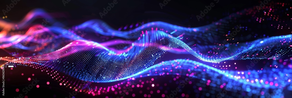 3D neon lines and dots in dark purple and blue, symbolizing digital binary data 3D neon lines and dots in dark purple and blue, symbolizing digital binary data