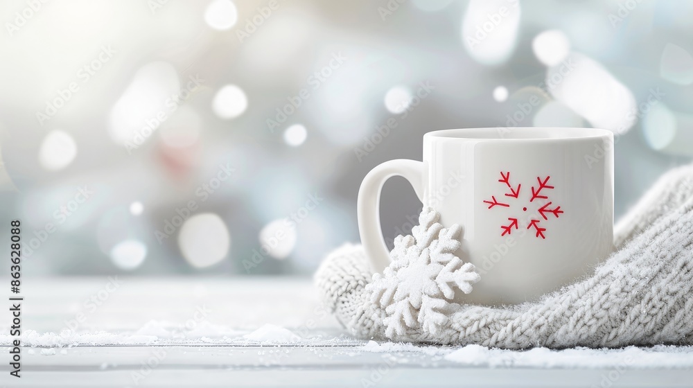 Fototapeta premium White Mug with Red Snowflake Design Resting on Yarn Blanket Amidst Blurred Cityscape
