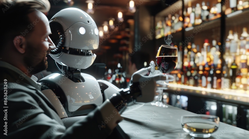 Businessman and a robot are sitting and drinking a glass of wine at the bar, laughing. Businessman and a robot are sitting and drinking a glass of wine at the bar, laughing.