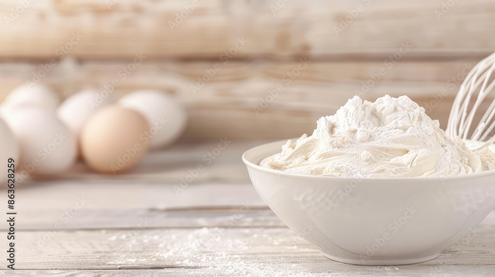 Bowl with Powdered Sugar and Unshelled Eggs on Wooden Surface Bowl with Powdered Sugar and Unshelled Eggs on Wooden Surface
