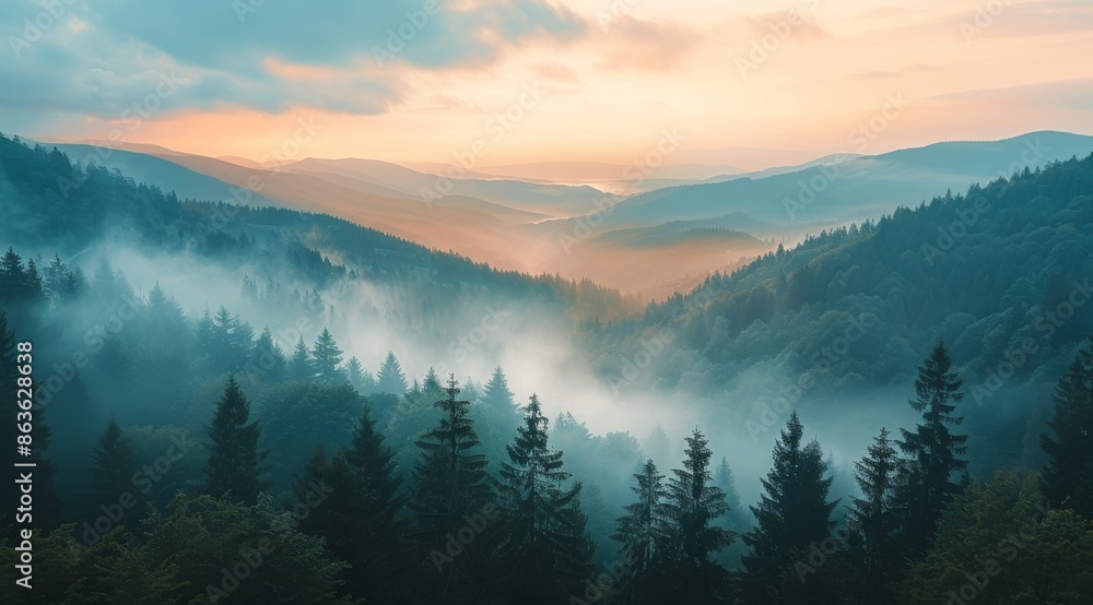 Obraz premium Mountain Forest Landscape With Mist And A Sunrise Sky