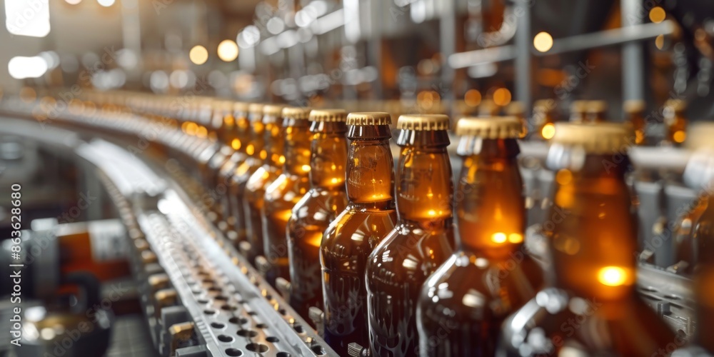 Precision and efficiency highlighted as beer bottles travel through a production line in a modern brewery, displayed.