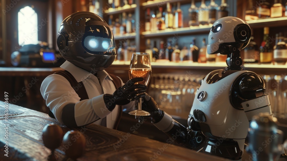 Businessman and a robot are sitting and drinking a glass of wine at the bar, laughing. Businessman and a robot are sitting and drinking a glass of wine at the bar, laughing.