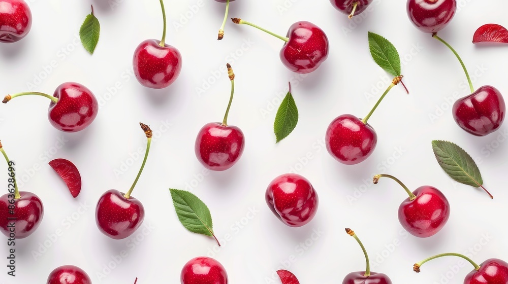 A seamless pattern of red cherries and green leaves on a white background. A seamless pattern of red cherries and green leaves on a white background.