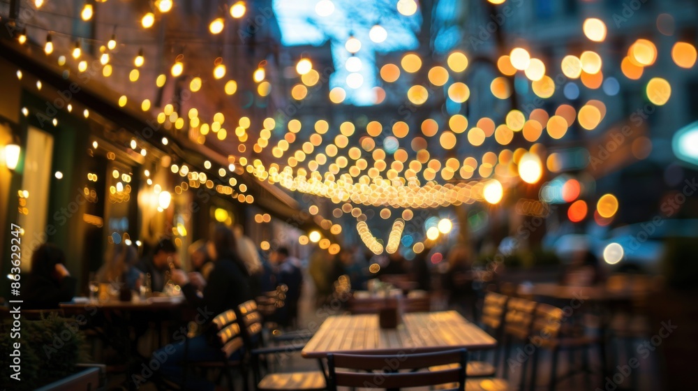 Obraz premium An abstract image of a restaurant patio with blurred string lights and diners enjoying al fresco dining