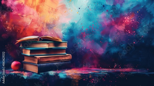 A stack of vintage books sits on a wooden table with a red apple in front. A vibrant abstract background in colors of blue, purple and orange surround the books. photo