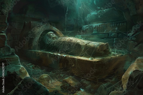 A mummy rising from an ancient sarcophagus in a dark, dusty tomb, with cobwebs and old artifacts scattered around photo