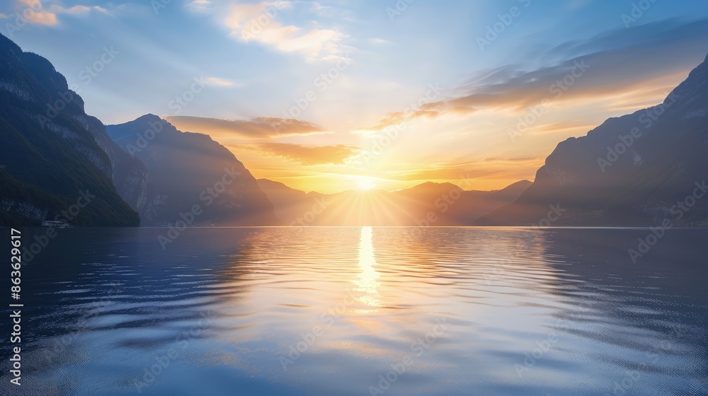 Majestic Mountain Range Sunset Over Tranquil Lake Majestic Mountain Range Sunset Over Tranquil Lake