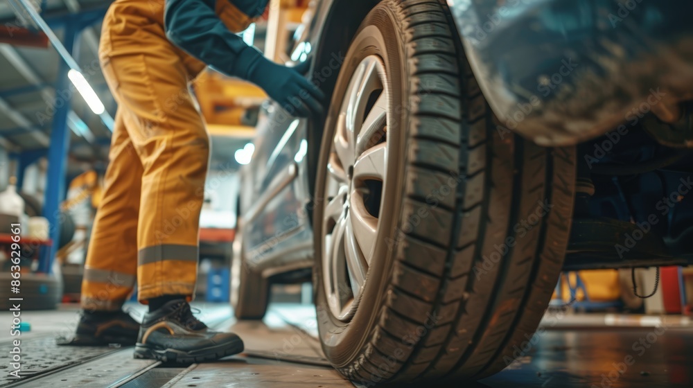 Fototapeta premium A mechanic in yellow overalls works on a car tire in a garage.