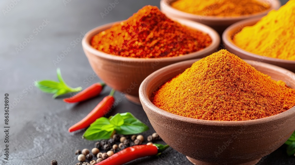 Vibrant Spice Preparation Scene with Four Colored Bowls and Chili Peppers Vibrant Spice Preparation Scene with Four Colored Bowls and Chili Peppers