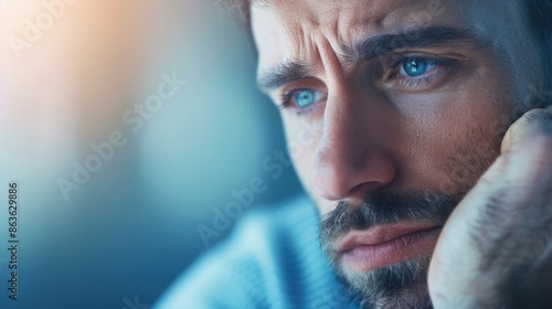 Bearded Man in Contemplation – Blue Shirt and Window Ambiance photo