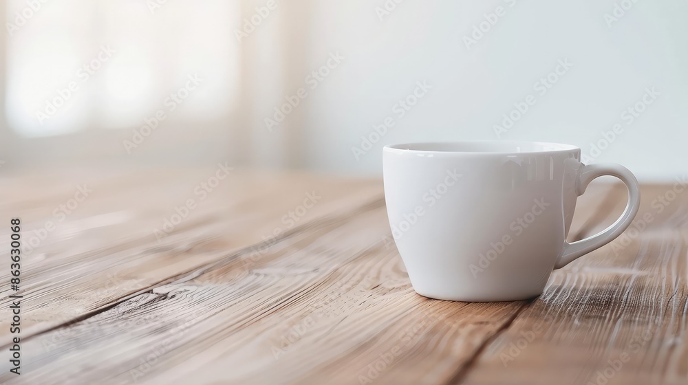 White Coffee Cup on Wooden Table with Sunlit Background White Coffee Cup on Wooden Table with Sunlit Background